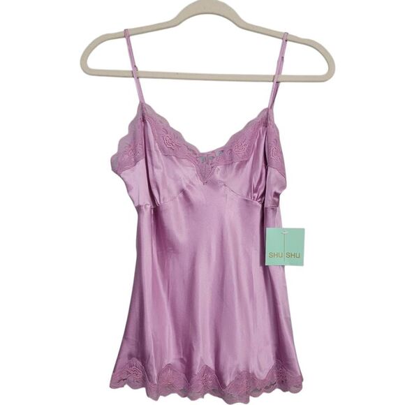 NWT Shu Shu Silk Lace Babydoll Camisole‎ Top Sz L Pink Silky Coquette Fairy Y2K - Picture 1 of 6